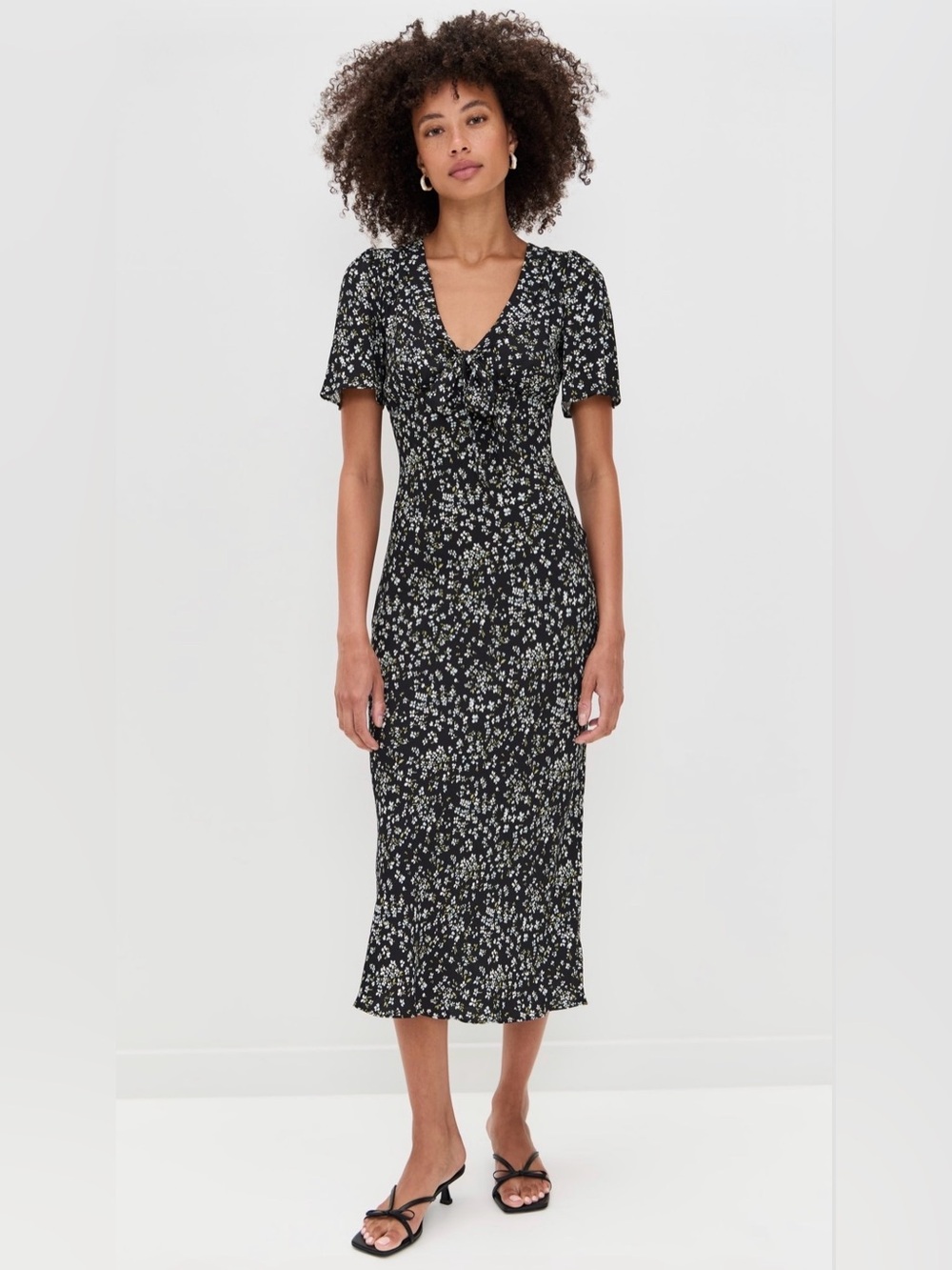 ANTHROPOLOGIE Reformation Tyra Short Sleeve Tie-Neck Midi Dress,Black Multi Sz 2